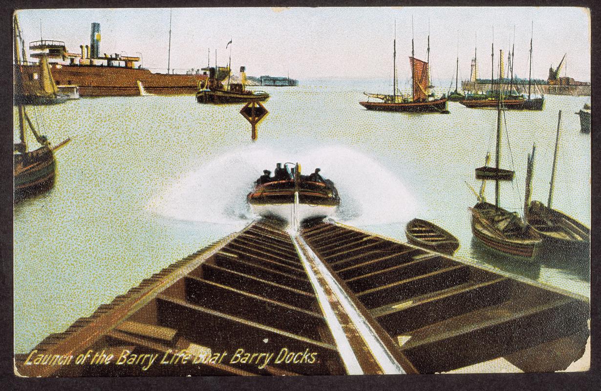 Launch of the Barry Life Boat Barry Docks (postcard)