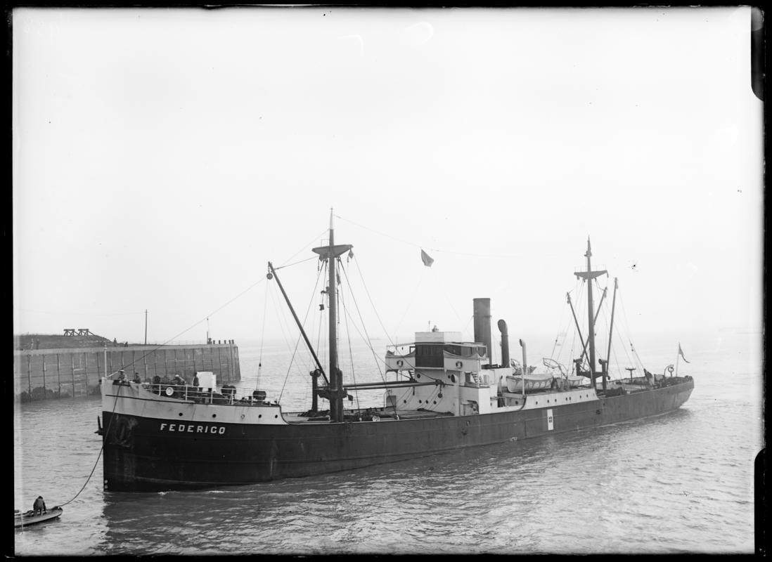 Three quarter Port bow view of S.S. FEDERICO entering Cardiff Docks, c.1936.