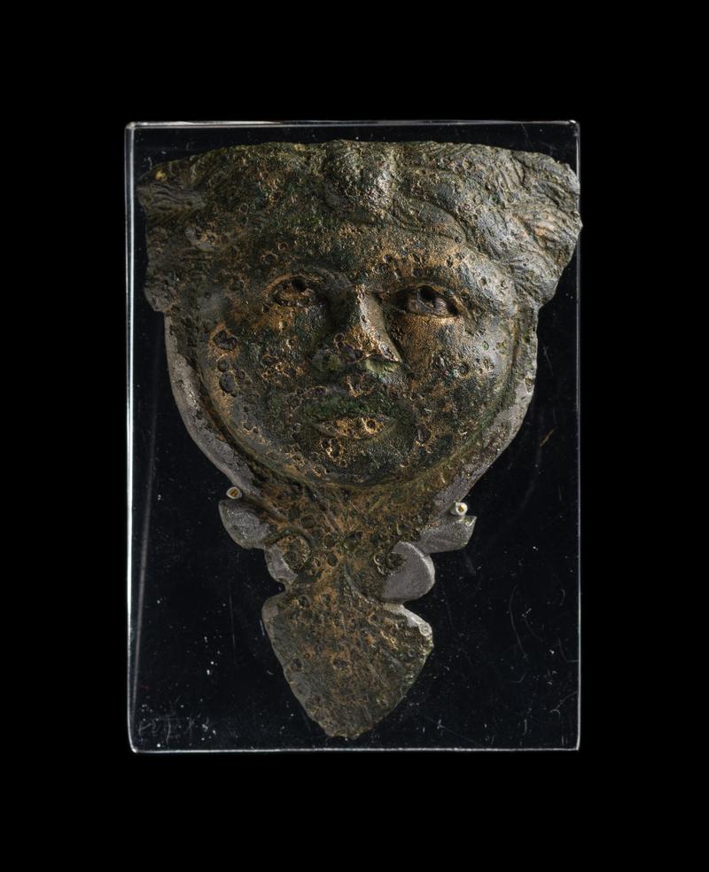 Roman copper alloy furniture fitting, Medusa mask