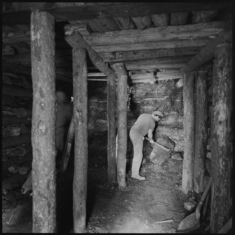Black and white film negative showing a miner at the coal face, Big Pit Colliery.  Appears to be identical to 2009.3/3005.
