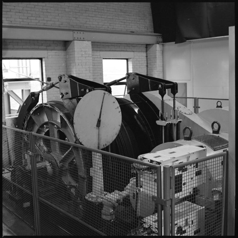Black and white film negative showing a winding engine, Betws Mine.  'Betws' is transcribed from original negative bag.