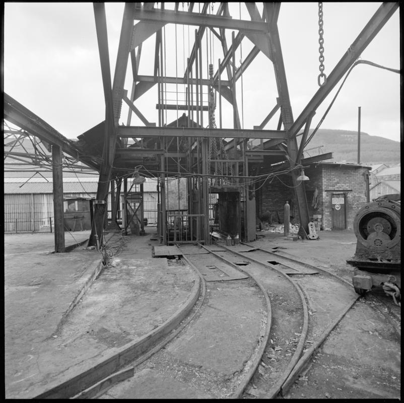 Black and white film negative showing pit top, Deep Navigation Colliery 1980.  'Deep Duffryn and Deep Navigation 1980' is transcribed from original negative bag.  Appears to be identical to 2009.3/2552.