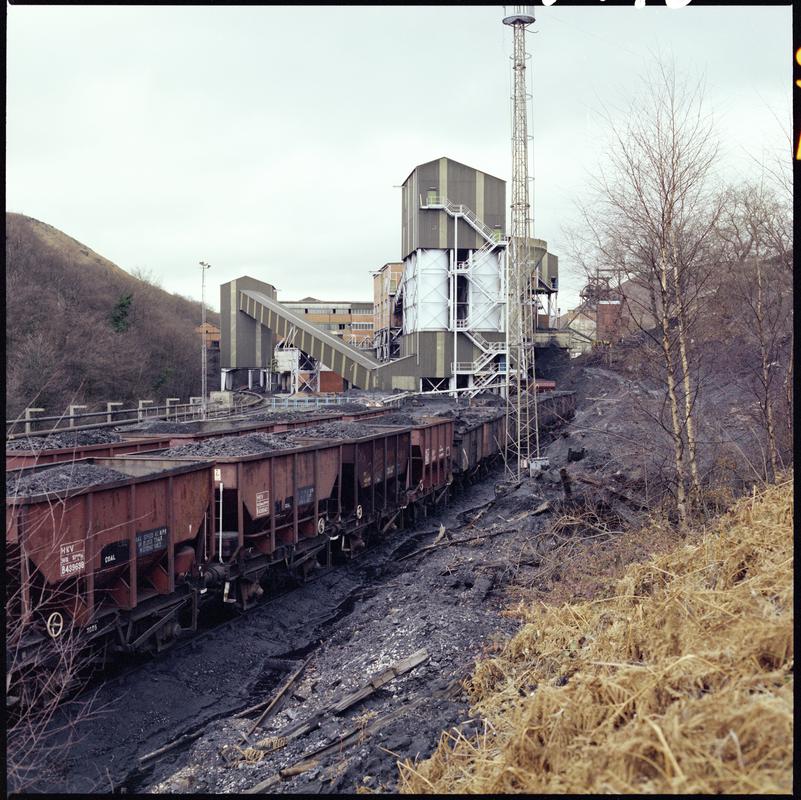 Colour film negative showing a general surface view of Taff Merthyr Colliery, 1970s.
