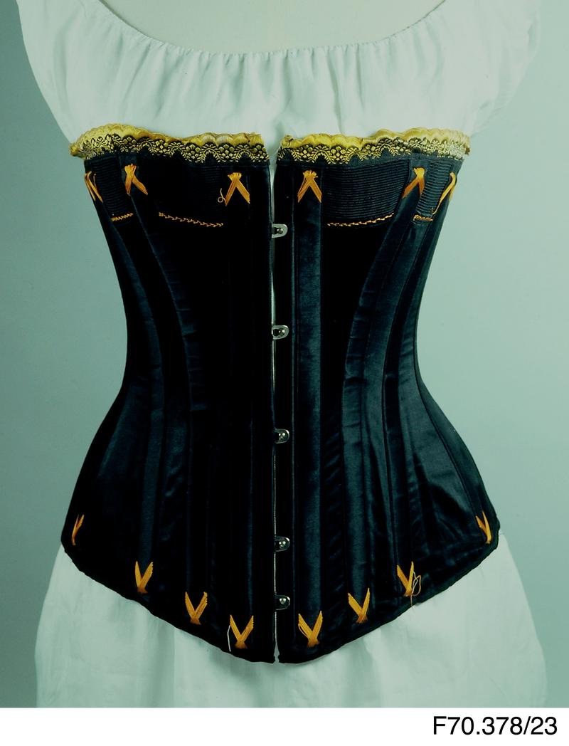 Black satin corset with yellow embroidery
