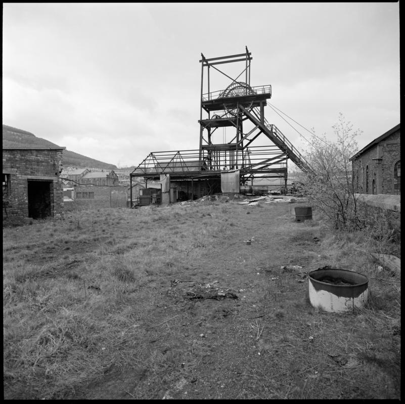 Black and white film negative showing a surface view of Deep Navigation Colliery 1980.  'Deep Duffryn and Deep Navigation 1980' is transcribed from original negative bag.