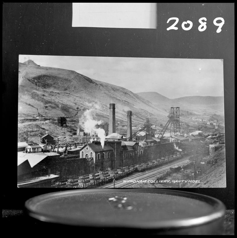 Black and white film negative of a photograph showing a general surface view of Wyndham Colliery, Nantymoel.
