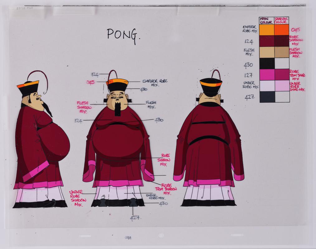 Turandot animation production artwork showing the character Pong and a colour chart. Two sheets of cellulose acetate.