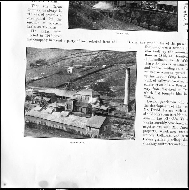 Black and white film negative showing a general surface view of Garw Colliery, photographed from a publication.  'Garw Colliery' is transcribed from original negative bag.