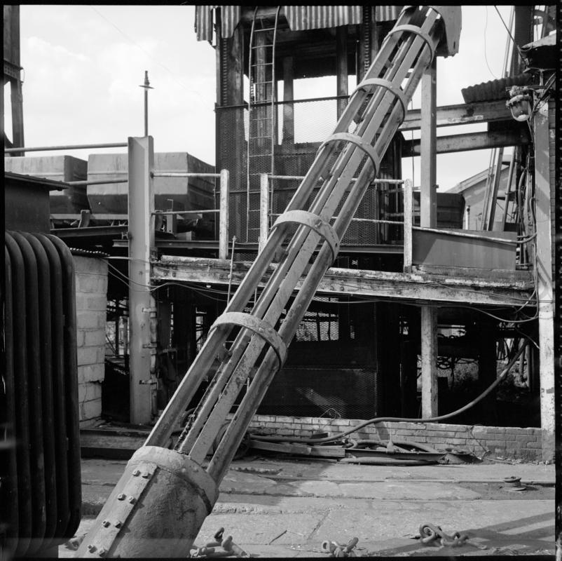 Black and white film negative showing part of the headframe, Deep Duffryn Colliery.