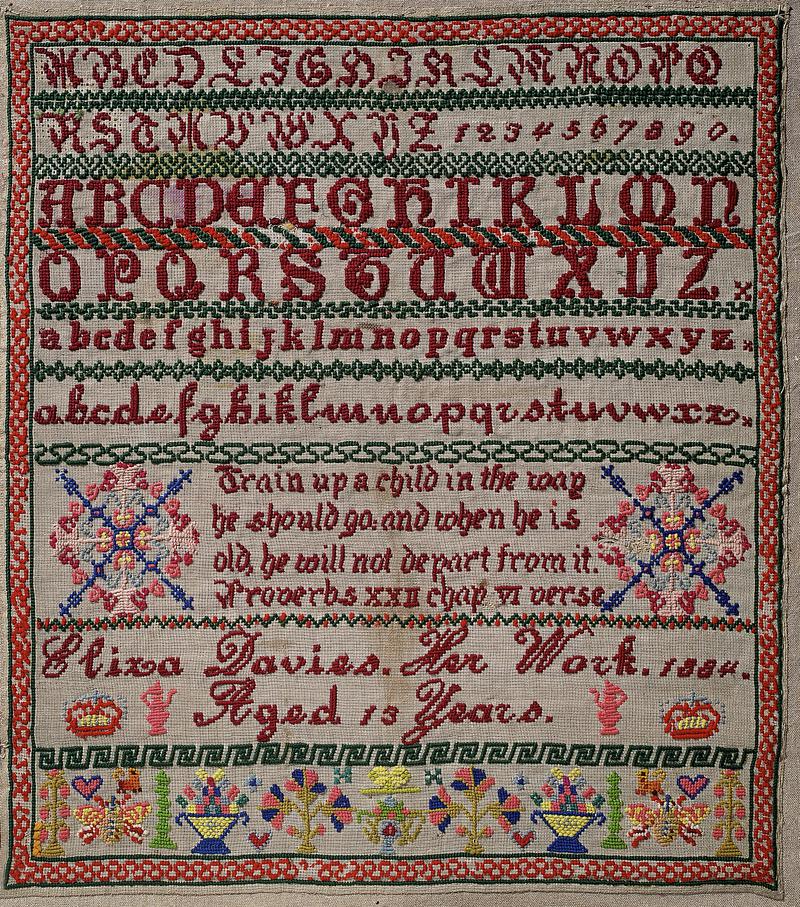 Sampler (alphabet, verse & motifs), made in Llanelli, 1884