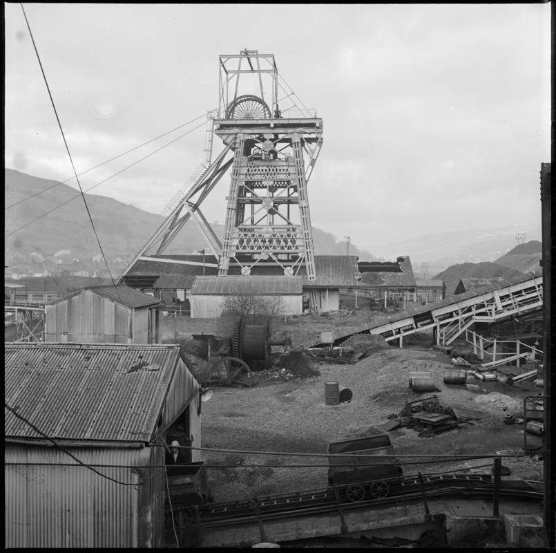 Black and white film negative showing the downcast shaft, Merthyr Vale Colliery.