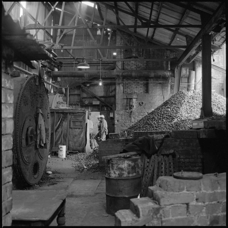 Black and white film negative showing the interior of the boiler house, Morlais Colliery 13 May 1981.  'Morlais 13/5/81' is transcribed from original negative bag.