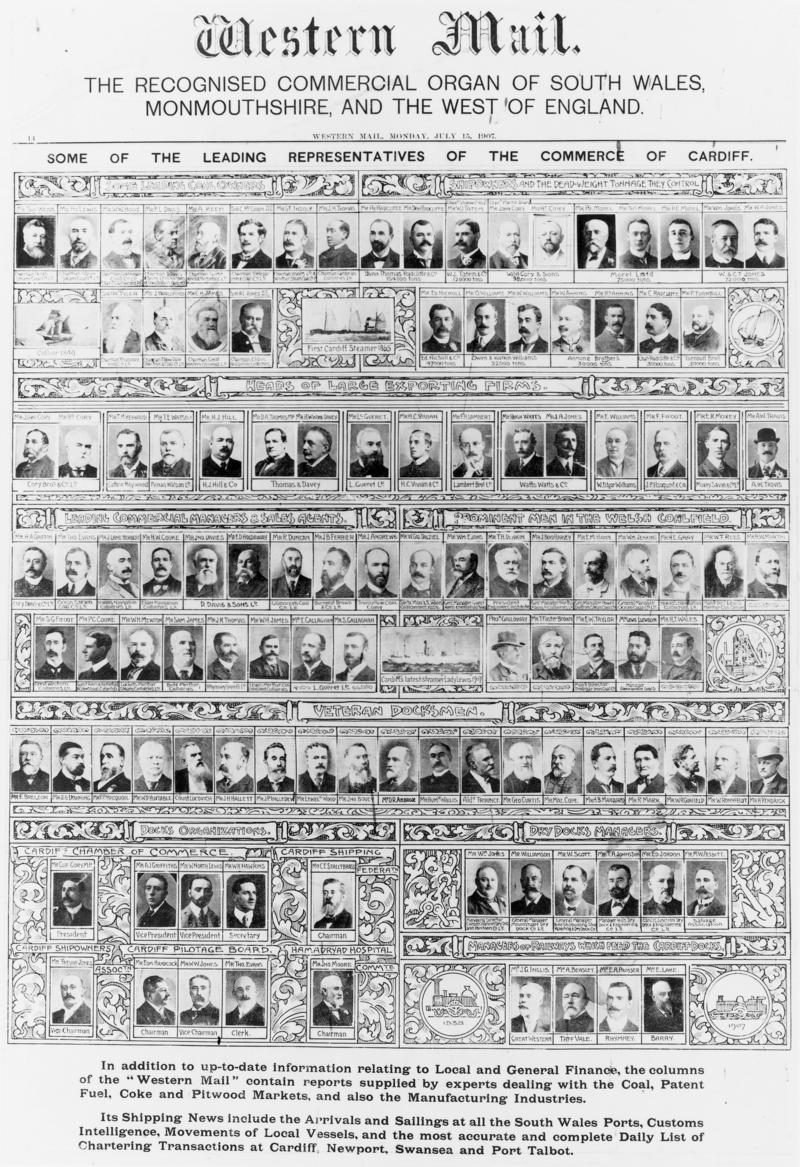 Front page of Western Mail of 15th July 1907, showing 115 portraits of "some of the leading representatives of commerce of Cardiff"
