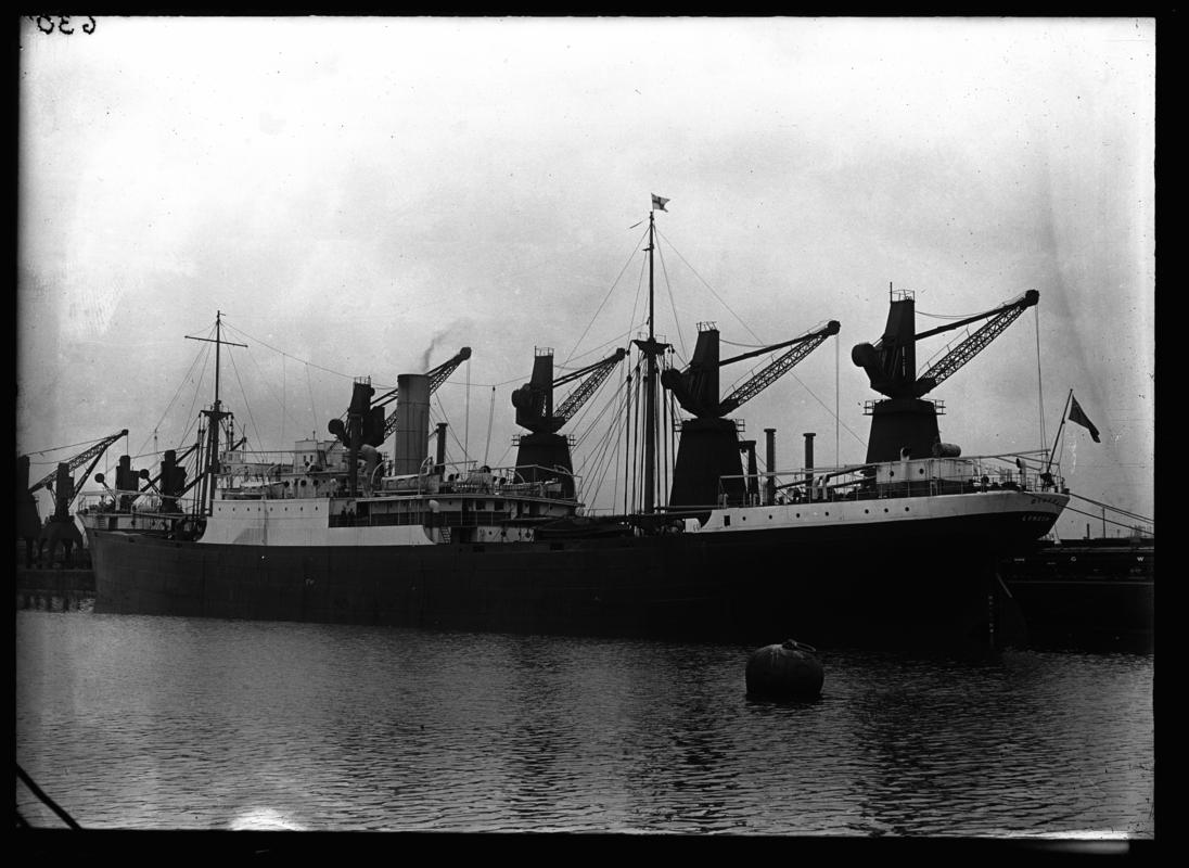 3/4 port stern view of S.S. BIAFRA at Cardiff Docks, c.1936-1937.
