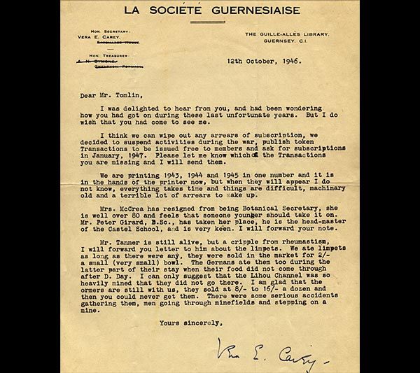 Llythyr oddi wrth La Société Guernesiaise, 12 Hydref 1946.