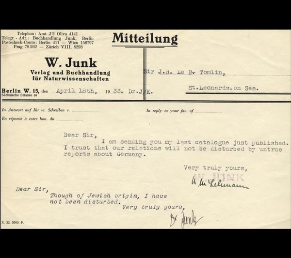 Cerdyn post oddi wrth W. Junk, Berlin, 18 Ebrill 1933.