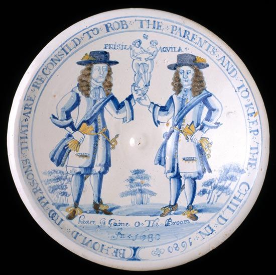 Dysgl o grochenwaith Delft a wnaed yn Brislington ger Bryste, tua 1680
