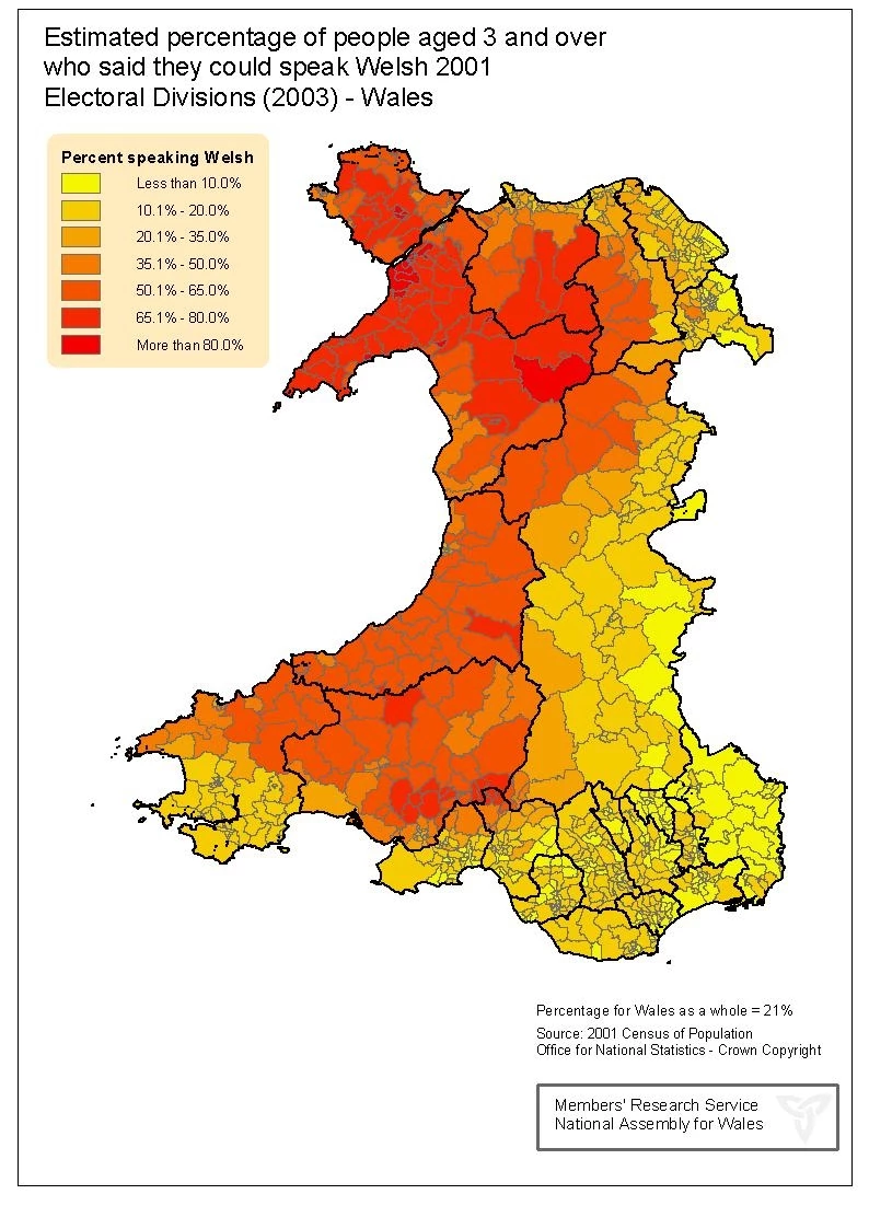 Map yn dangos dosbarthiad Cymry Cymraeg, cyfrifiad 2001