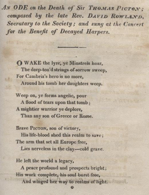Cyngerdd er budd '<em>decayed harpists</em>', Caerfyrddin 1819