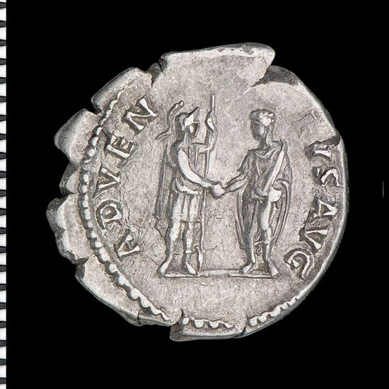 Adventus ('cyrraedd') - Hadrian yn cael ei gyfarch gan Roma