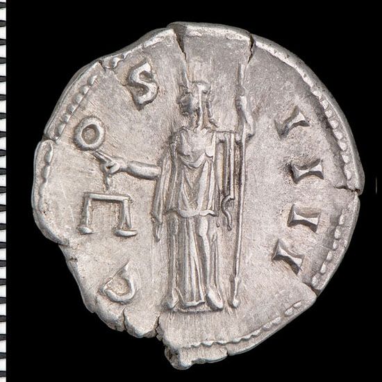 Aequitas ('bargeinio teg') neu Moneta (y bathdy) [Antoninus Pius]
