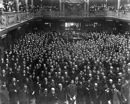 Group on floor of the Coal Exchange in Cardiff after alterations