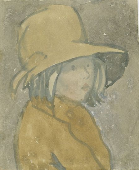 Young girl in brown hat and coat (w/c on paper)