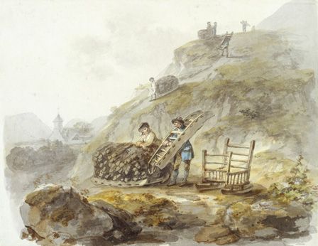 Method of obtaining peat from hills near Mallwyd, c.1792 (w/c, ink and pencil on paper)