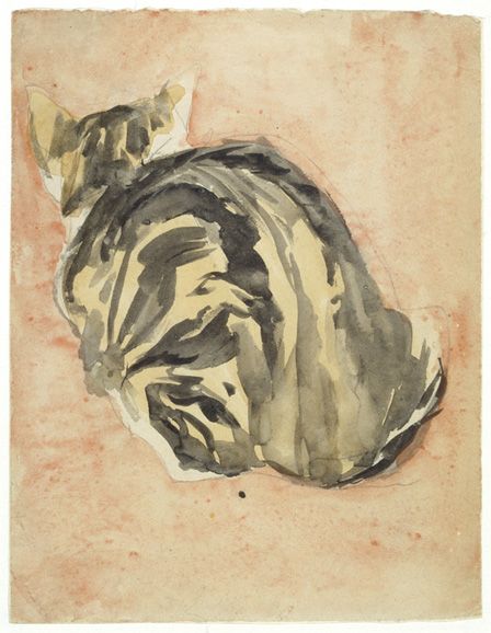 Seated tortoiseshell cat (mixed media on paper)