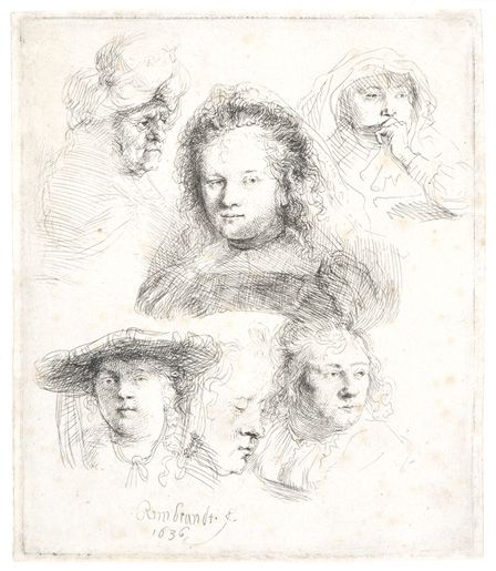 Studies of the Head of Saskia and others, 1636 (etching)