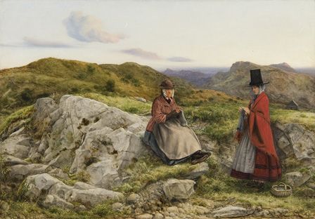 Welsh Landscape with Two women Knitting, 1860 (oil on board)