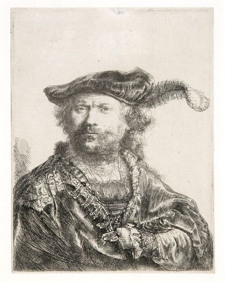 Self Portrait in velvet cap and plume, 1638 (etching)
