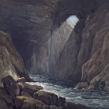 Interior of the Cave at Porth yr Ogof 1816 (w/c on paper on card)
