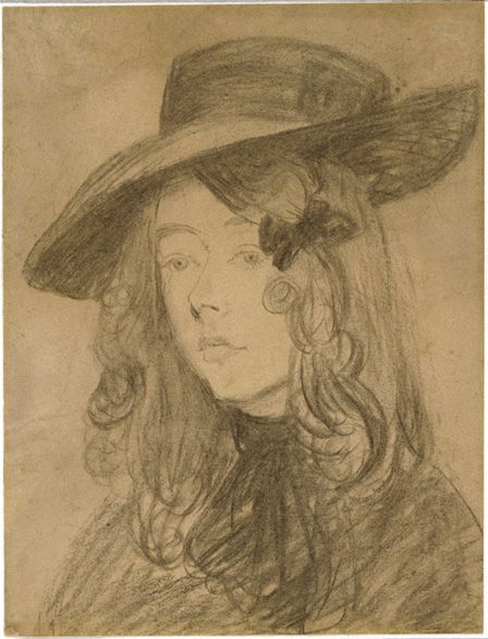 Winifred John in a large hat (charcoal on paper)