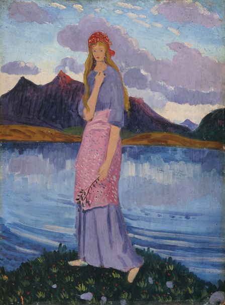 Girl standing by a lake (oil on panel)