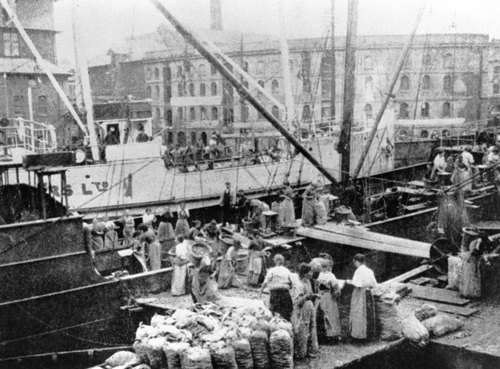 Women unloading potatoes, West Bute dock, 1910 (b/w photo)