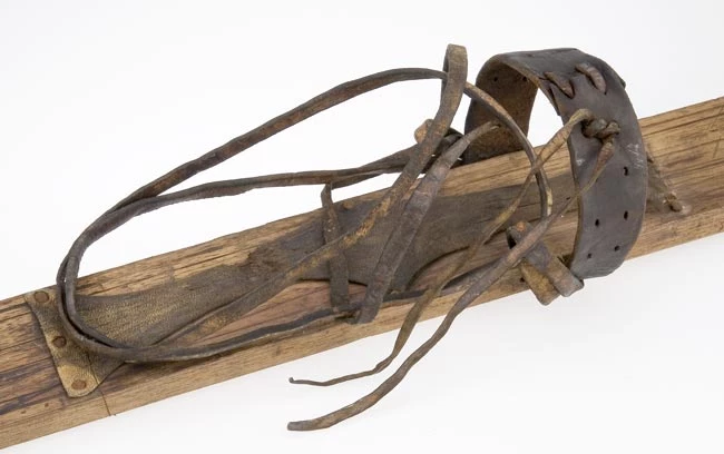 Y rhwymiad lledr a ddefnyddiwyd ar y sgïau.