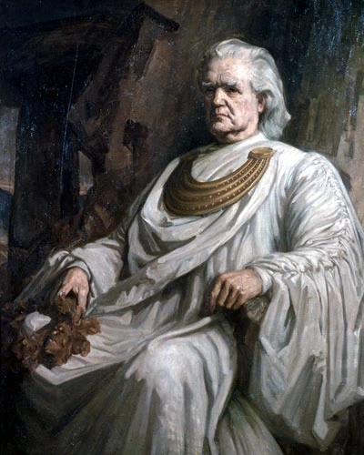 Portread mewn olew o'r Archdderwydd Hwfa Môn gan Christopher Williams.