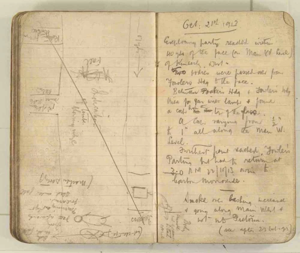 Nodiadau a wnaed gan yr Arolygwr Pyllau Glo wrth archwilio gweddillion y gweithfeydd wedi’r ffrwydrad ym mhwll Senghenydd ar 14 Hydref 1913, lle lladdwyd 439 o ddynion. Trwy garedigrwydd Amgueddfa Lofaol Genedlaethol Lloegr.