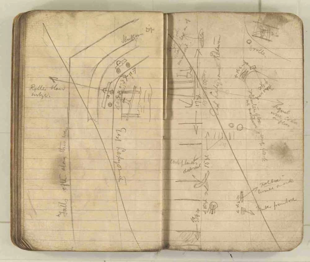 Nodiadau a wnaed gan yr Arolygwr Pyllau Glo wrth archwilio gweddillion y gweithfeydd wedi’r ffrwydrad ym mhwll Senghenydd ar 14 Hydref 1913, lle lladdwyd 439 o ddynion. Trwy garedigrwydd Amgueddfa Lofaol Genedlaethol Lloegr.