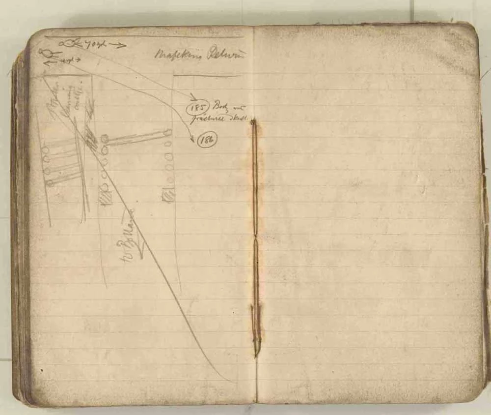 Nodiadau a wnaed gan yr Arolygwr Pyllau Glo wrth archwilio gweddillion y gweithfeydd wedi’r ffrwydrad ym mhwll Senghenydd ar 14 Hydref 1913, lle lladdwyd 439 o ddynion. Trwy garedigrwydd Amgueddfa Lofaol Genedlaethol Lloegr.