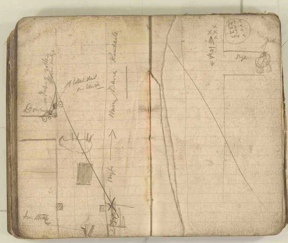 Nodiadau a wnaed gan yr Arolygwr Pyllau Glo wrth archwilio gweddillion y gweithfeydd wedi’r ffrwydrad ym mhwll Senghenydd ar 14 Hydref 1913, lle lladdwyd 439 o ddynion. Trwy garedigrwydd Amgueddfa Lofaol Genedlaethol Lloegr.
