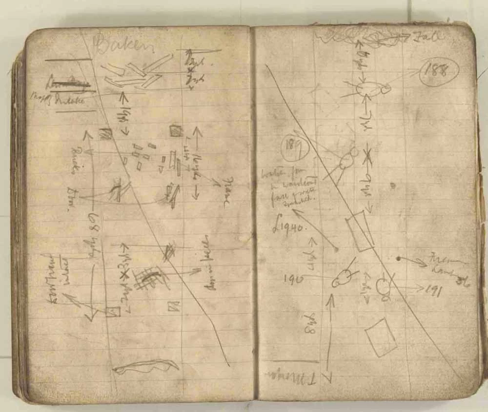 Nodiadau a wnaed gan yr Arolygwr Pyllau Glo wrth archwilio gweddillion y gweithfeydd wedi’r ffrwydrad ym mhwll Senghenydd ar 14 Hydref 1913, lle lladdwyd 439 o ddynion. Trwy garedigrwydd Amgueddfa Lofaol Genedlaethol Lloegr.