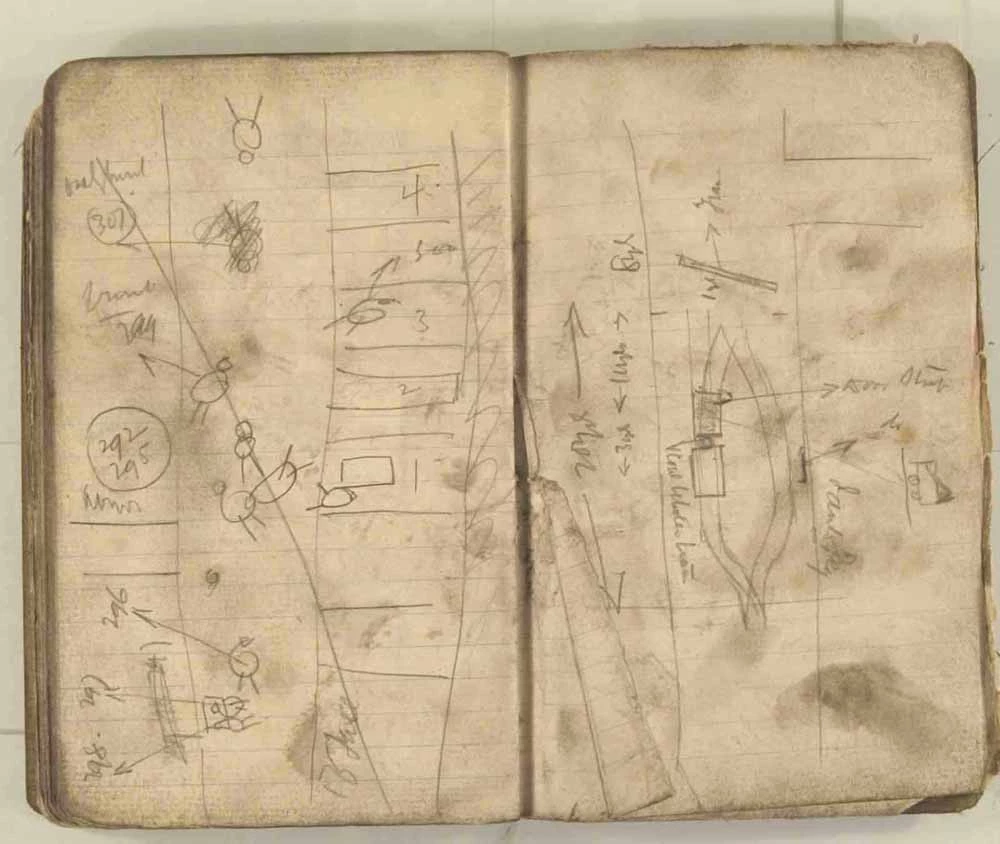 Nodiadau a wnaed gan yr Arolygwr Pyllau Glo wrth archwilio gweddillion y gweithfeydd wedi’r ffrwydrad ym mhwll Senghenydd ar 14 Hydref 1913, lle lladdwyd 439 o ddynion. Trwy garedigrwydd Amgueddfa Lofaol Genedlaethol Lloegr.