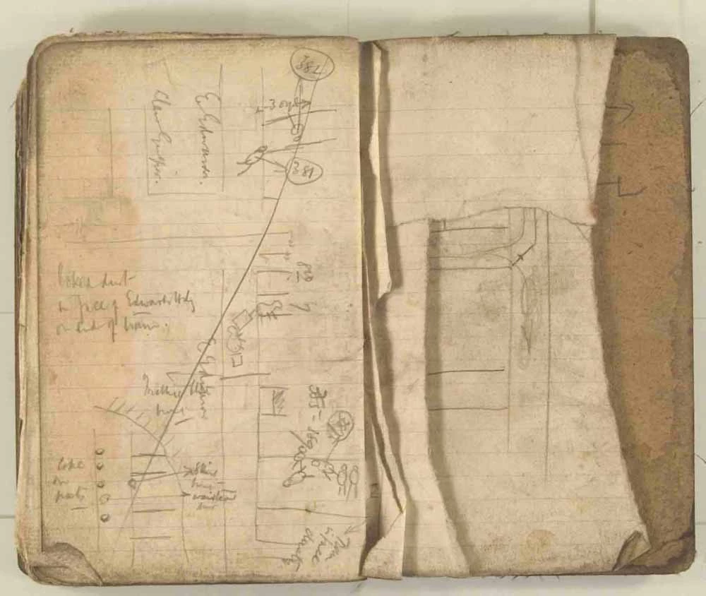 Nodiadau a wnaed gan yr Arolygwr Pyllau Glo wrth archwilio gweddillion y gweithfeydd wedi’r ffrwydrad ym mhwll Senghenydd ar 14 Hydref 1913, lle lladdwyd 439 o ddynion. Trwy garedigrwydd Amgueddfa Lofaol Genedlaethol Lloegr.