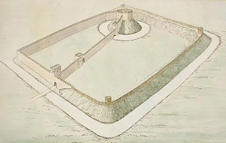 Castell Caerdydd fel y byddai wedi bod yn y 14eg ganrif. 