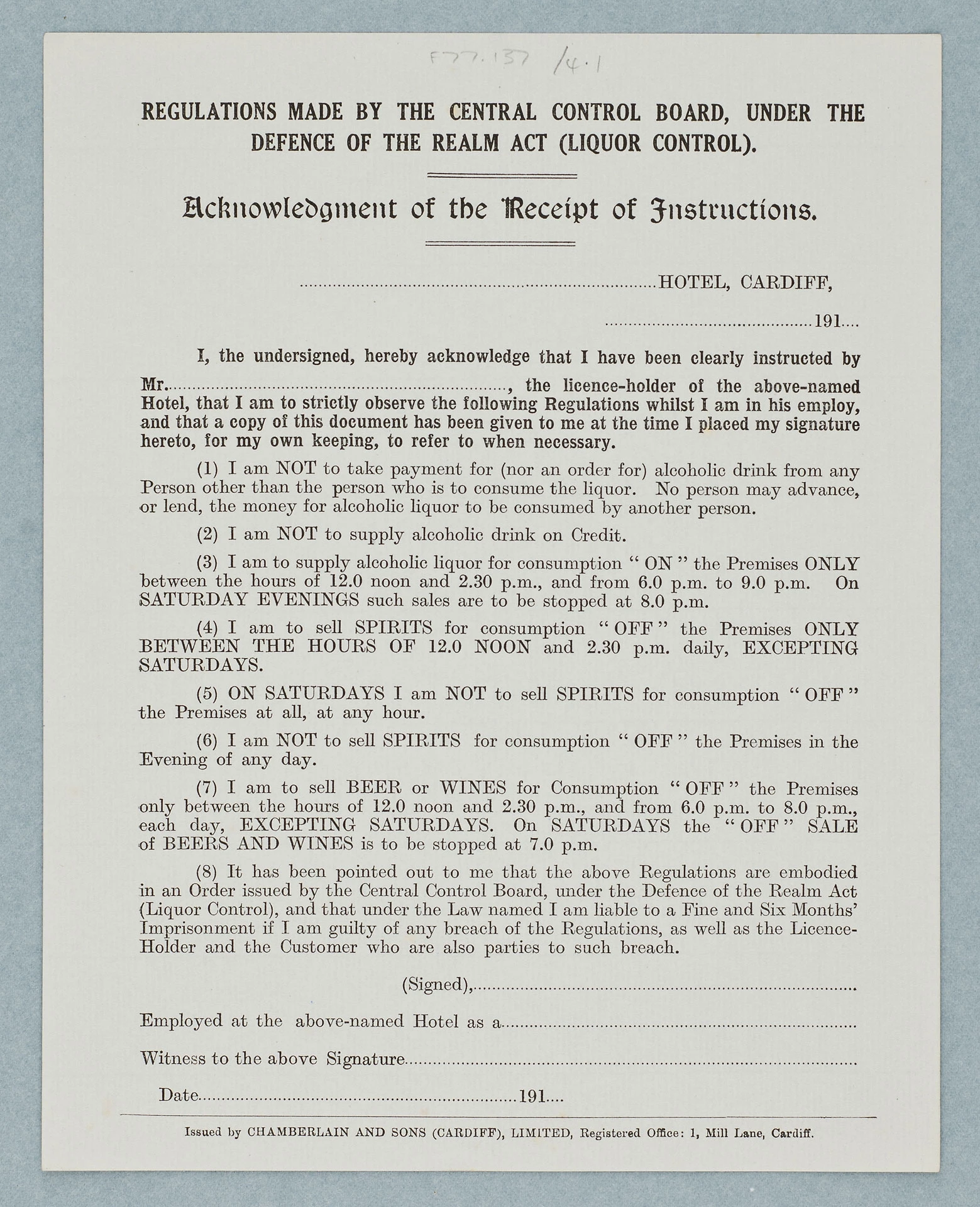 Rheolau gwirodydd a gyflwynwyd i dafarnau a gwestai Caerdydd dan nawdd gan y Bwrdd Rheoli Canolog