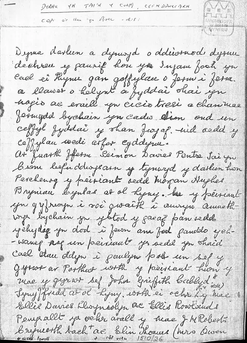 Ysgrif mewn llawysgrifen yn disgrifio darlun o ddiwrnod dyrnu yn Tai'n y Cwm, Cefnddwysarn (AWC 1510/36).