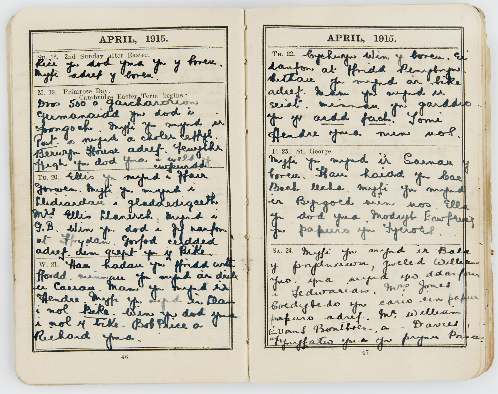 Tudalen o ddyddiadur Kate yn ei llawysgrifen. 19 Ebrill 1915 - 'Dros 500 o garcharorion Germanaidd yn dod i Frongoch'.