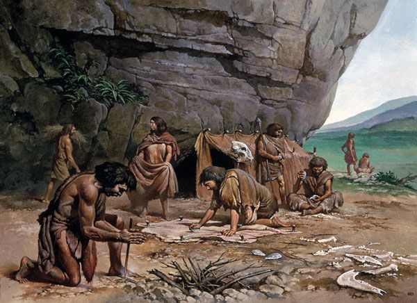 Palaeolithig Anheddiad ogof Dyn Neanderthal, tua 70,000 CC; gan Gino D'Achille, tua 1980. Wedi'i seilio ar gloddiadau yn Ogof Pontnewydd, Sir Ddinbych.